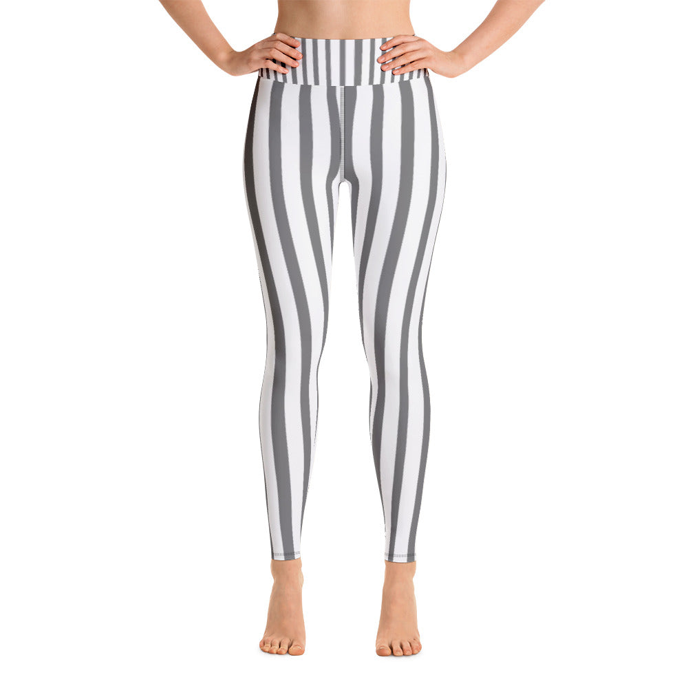 Women's White Gray Stripe Long Yoga & Barre Pants - Made in USA (US Size: XS-XL)-Leggings-XS-Heidi Kimura Art LLC