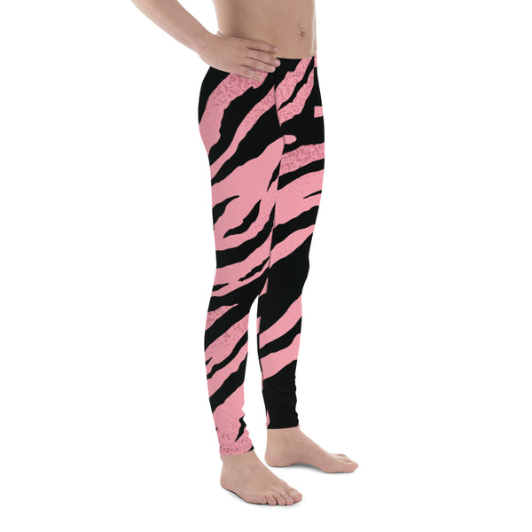 Pink Black Zebra Striped Animal Print Men's Workout Gym Sexy Leggings Tights Pants-Men's Leggings-Heidi Kimura Art LLC