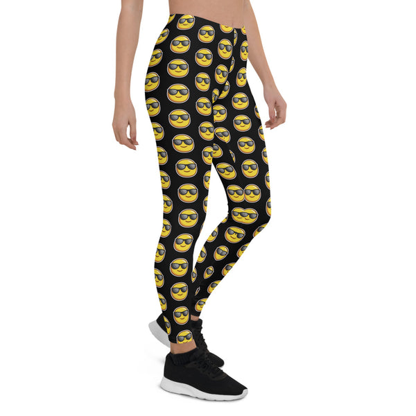 Black Sunshine Emoji Casual Leggings, Women's Tights-Made in USA/EU-Heidi Kimura Art LLC-Heidi Kimura Art LLC