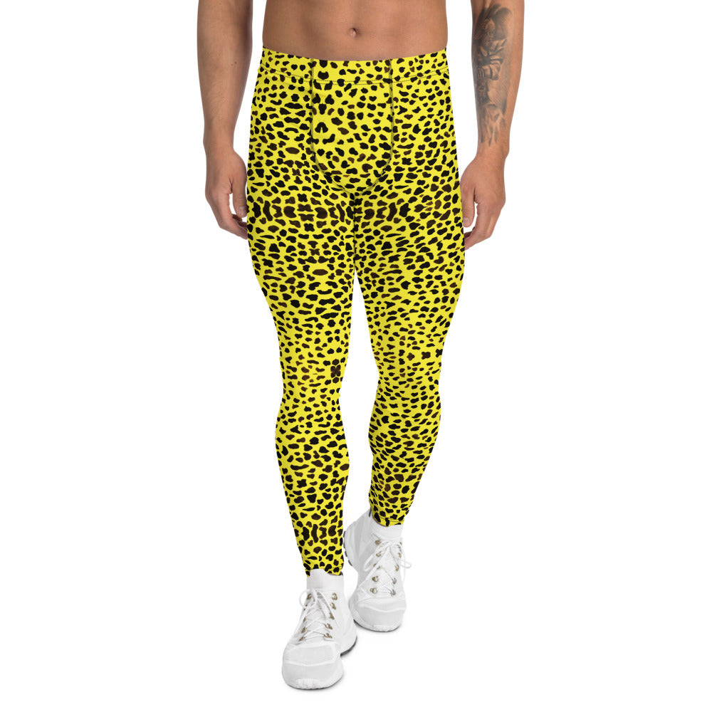 Yellow Leopard Print Men's Leggings-Heidi Kimura Art LLC-XS-Heidi Kimura Art LLC Yellow Leopard Print Men's Leggings, Cheetah Designer Animal Print Men's Leggings Tights Pants - Made in USA/EU (US Size: XS-3XL)Sexy Meggings Men's Workout Gym Tights Leggings