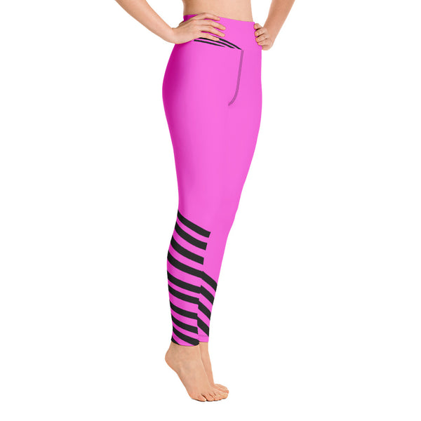 Pink Black Diagonal Striped Yoga Leggings/ Long Yoga Pants/ Tights - Made in USA-legging-Heidi Kimura Art LLC Pink Black Striped Leggings, Pink Black Diagonal Striped Yoga Leggings/ Long Yoga Pants/ Tights - Made in USA/EU (US Size: XS-XL)