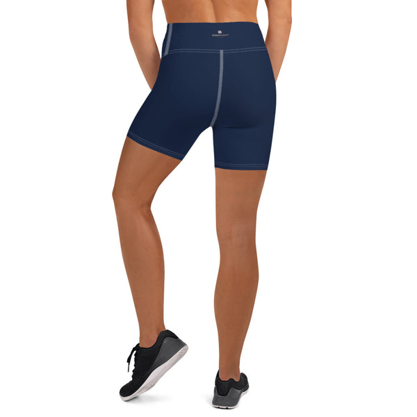 Navy Blue Yoga Shorts, Dark Blue Solidi Color Classic Premium Quality Women's High Waist Spandex Fitness Workout Yoga Shorts, Yoga Tights, Fashion Gym Quick Drying Short Pants With Pockets - Made in USA/EU (US Size: XS-XL)