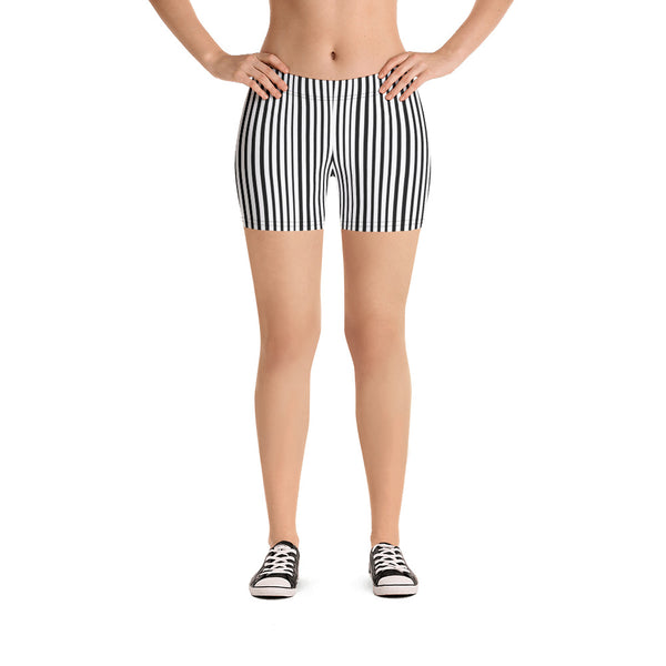Black White Modern Striped Print Designer Stretchy Women's Tight Shorts- Made in USA/EU-Women's Short Tights-Heidi Kimura Art LLC