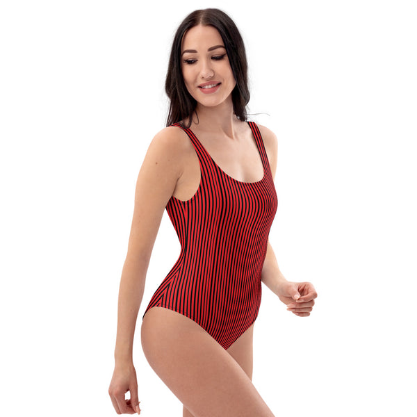 Red Striped Women's Swimwear, Designer One-Piece Swimsuit-Heidi Kimura Art LLC-Heidi Kimura Art LLC Red Striped Women's Swimwear, Vertical Stripe Print Designer Luxury 1-Piece Swimwear Bathing Suits, Beach Wear - Made in USA/EU (US Size: XS-3XL) Plus Size Available