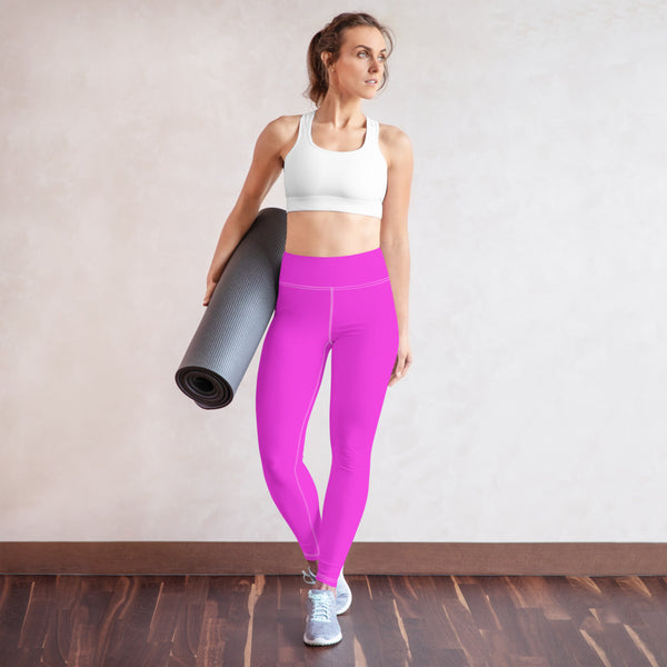 Hot Pink Solid Yoga Leggings, Solid Color Long Yoga Pants-Made in USA/EU-Heidi Kimura Art LLC-Heidi Kimura Art LLC