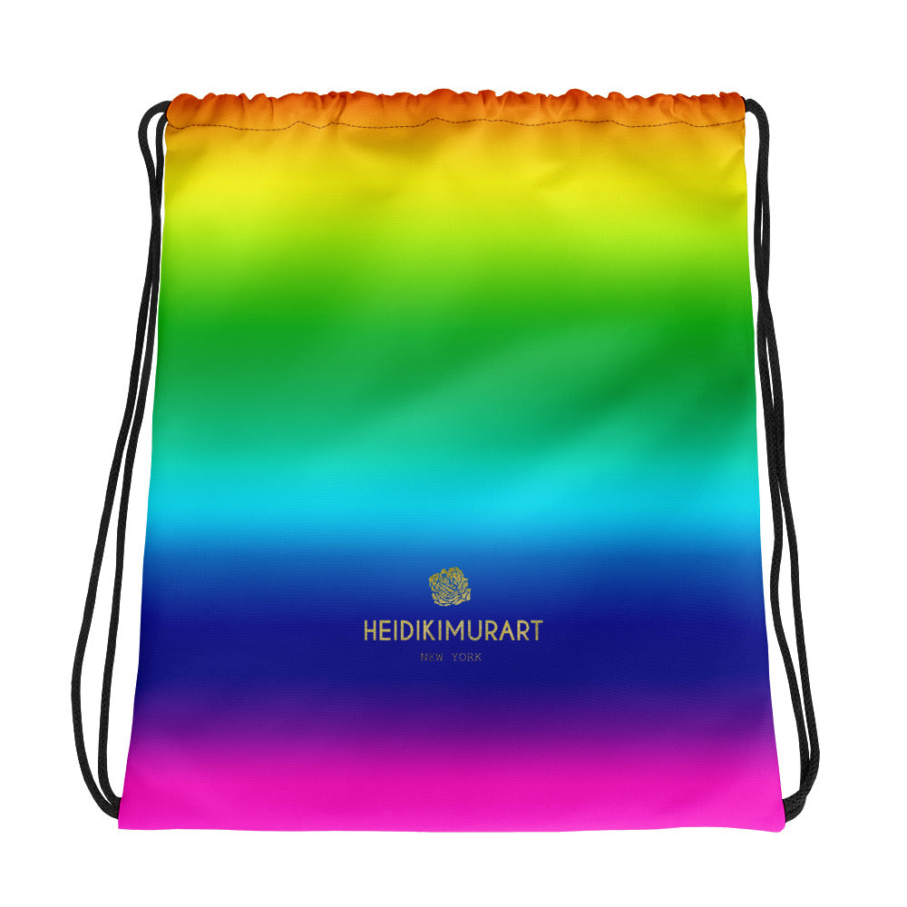 Bright Rainbow Ombre Print Designer 15”x17” Best Quality Drawstring Bag- Made in USA/EU-Drawstring Bag-Heidi Kimura Art LLC v