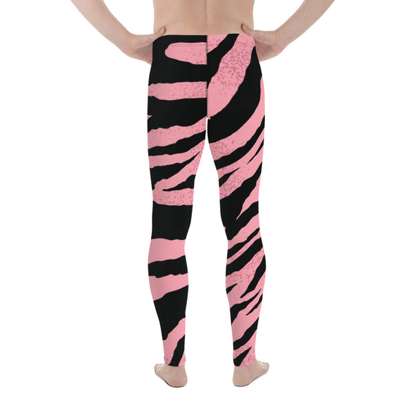 Pink Black Zebra Striped Animal Print Men's Workout Gym Sexy Leggings Tights Pants-Men's Leggings-Heidi Kimura Art LLC