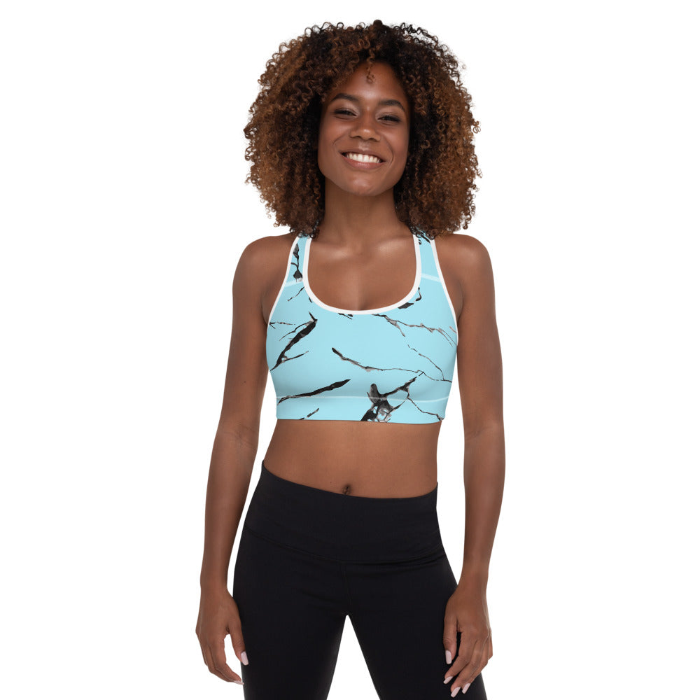 Blue Marble Sports Bra, Abstract Marble Print Women's Padded Gym