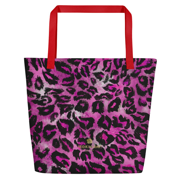 Pink Leopard Animal Print 16"x20" Beach Bag With Large Inside Pocket- Made in USA/EU-Beach Tote Bag-Red-Heidi Kimura Art LLC