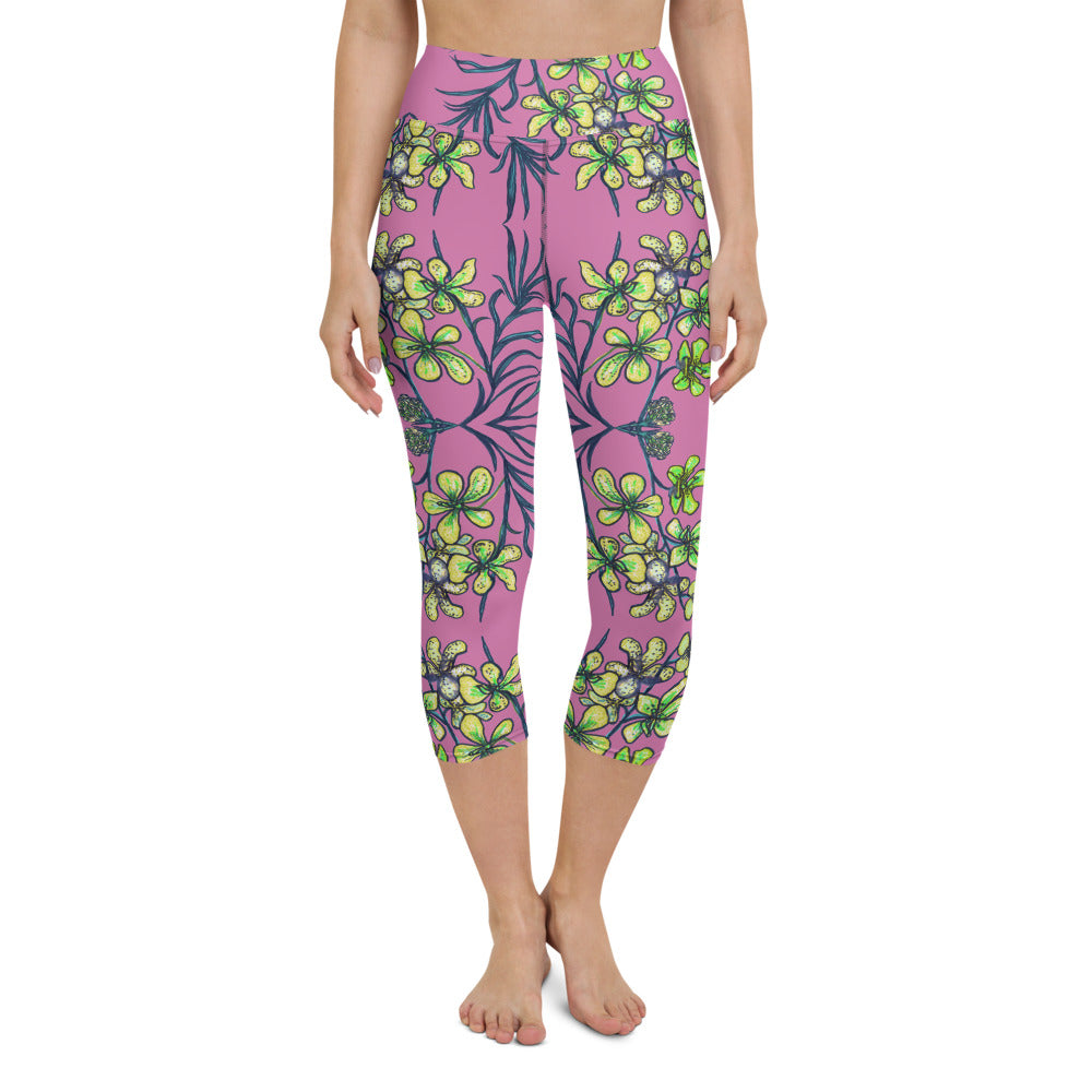 Pink Orchids Yoga Capri Leggings, Floral Print Womens' Capri Tights-Made in USA/EU-Heidi Kimura Art LLC-XS-Heidi Kimura Art LLC