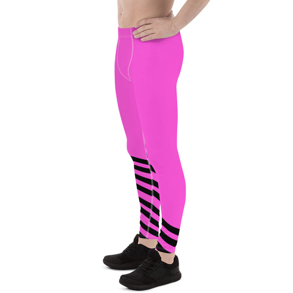 Black Pink Diagonal Striped Meggings, Men's Athletic Running Leggings-Made in USA/EU-Men's Leggings-Heidi Kimura Art LLC