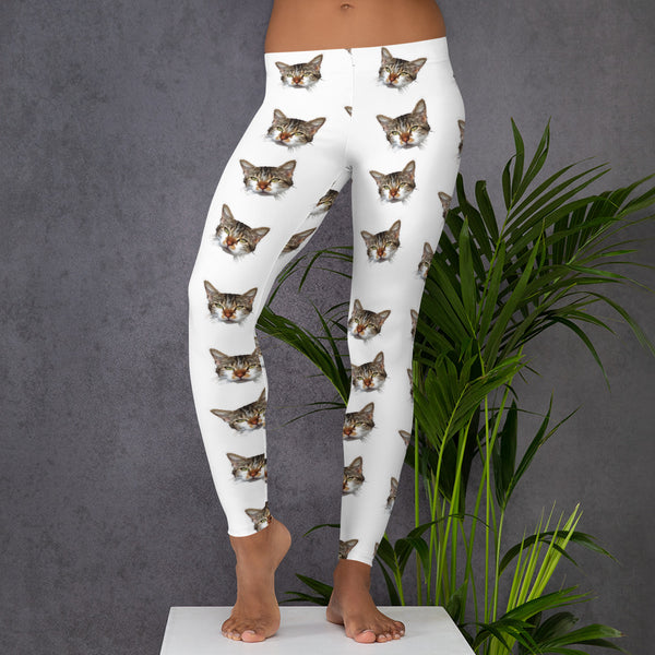 White Peanut Meow Calico Cat Print Women's Causal Yoga Leggings- Made in USA/EU--Heidi Kimura Art LLC White Cat Leggings, Peanut Meow Calico Cat Print Women's Long Dressy Casual Fashion Leggings/ Running Tights - Made in USA/ EU (US Size: XS-XL)