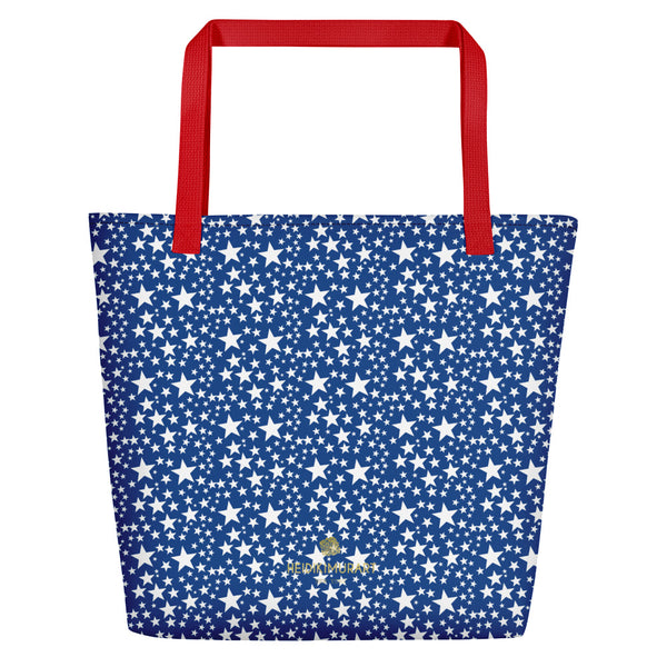 Blue White Star Pattern Print Designer Large 16"x20" Unisex Beach Tote Bag- Made in USA/EU-Beach Tote Bag-Red-Heidi Kimura Art LLC