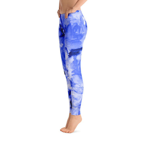 Blue Rose Floral Print Women's Long Casual Leggings/ Running Tights - Made in USA-Casual Leggings-Heidi Kimura Art LLC