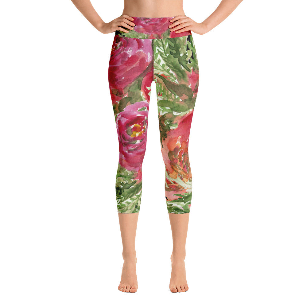 Red Rose Floral Print Women's Yoga Capri Leggings Floral Gym Pants - Made in USA-Capri Yoga Pants-XS-Heidi Kimura Art LLC