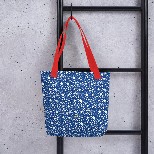 Blue White Stars Pattern Print Designer 15"x15" Market Reusable Tote Bag- Made in USA/EU-Tote Bag-Red-Heidi Kimura Art LLC