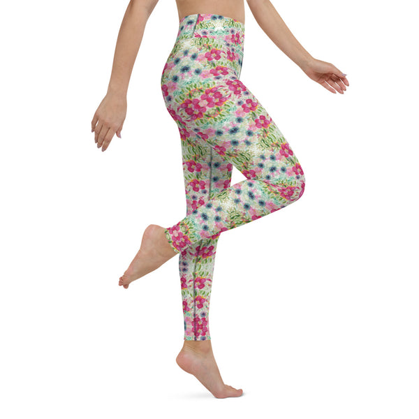 Pink Floral Yoga Leggings-Heidikimurart Limited -Heidi Kimura Art LLC Pink Floral Yoga Leggings, Pink Flower Rose Print Modern Women's Gym Workout Active Wear Fitted Leggings Sports Long Yoga & Barre Pants - Made in USA/EU/MX (US Size: XS-6XL)