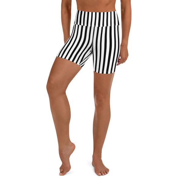 Black White Vertical Stripe Print Best Premium Women's Yoga Shorts- Made in USA/ EU-Yoga Shorts-XS-Heidi Kimura Art LLC