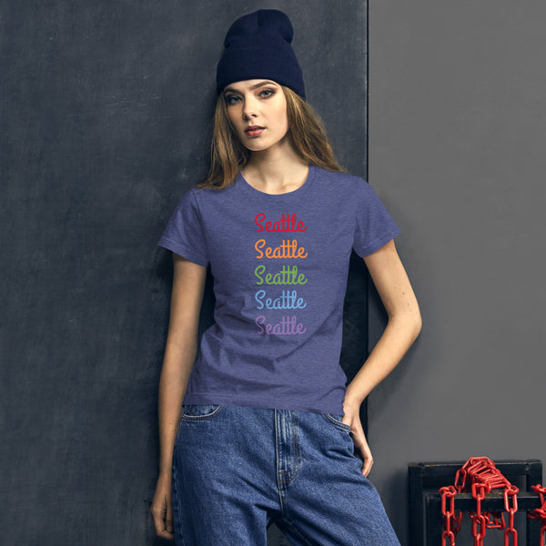 Seattle Rainbow Print Gay Pride 100% Cotton Women's Short Sleeve T-shirt (US Size: S-XL)-T-Shirt-Heather Blue-S-Heidi Kimura Art LLC