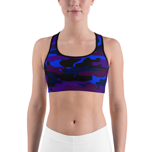 Blue Purple Military Army Print Camo Print Women's Gym Sports Bra - Made in USA/ EU-Sports Bras-Black-XS-Heidi Kimura Art LLC