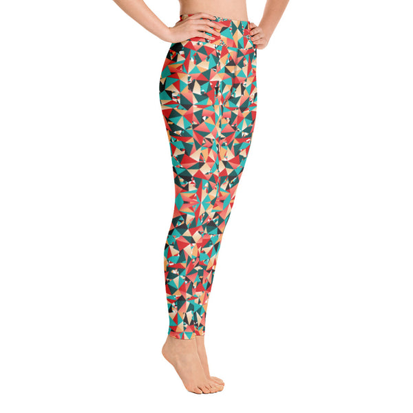 Red Geometric Women's Yoga Leggings, Mixed Colorful Ladies Yoga Pants-Heidikimurart Limited -Heidi Kimura Art LLC