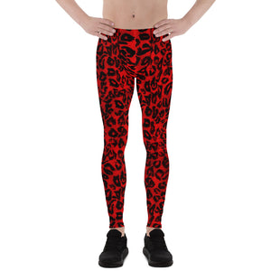 Red Leopard Animal Print Meggings, Premium Quality Men's Leggings- Made in USA/ EU-Men's Leggings-XS-Heidi Kimura Art LLC
