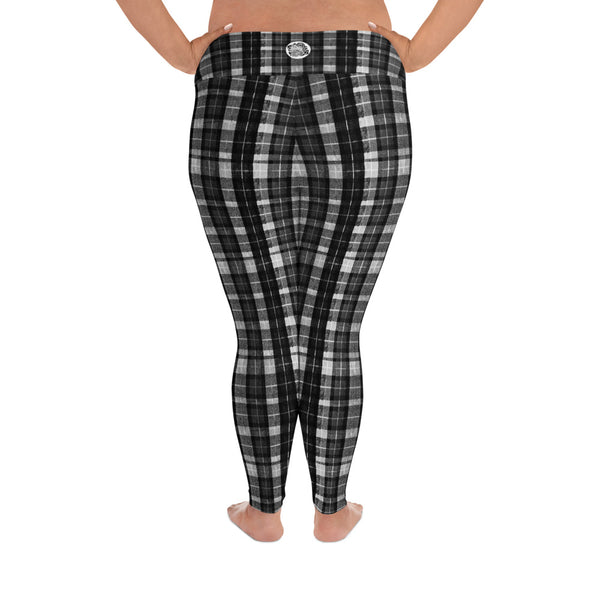 Black Plaid Tartan Scottish Print Women's High Waist Elastic Plus Size Yoga Pants-Women's Plus Size Leggings-Heidi Kimura Art LLC