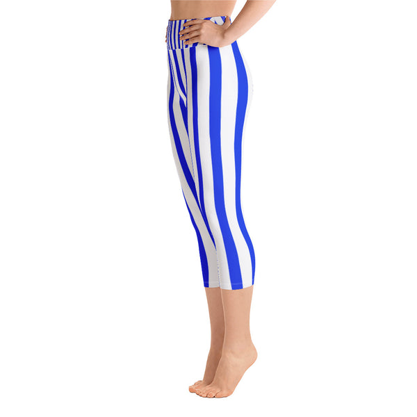 Blue Vertical Striped Women's Yoga Capri Pants Leggings With Pockets - Made In USA/EU-Capri Yoga Pants-Heidi Kimura Art LLC