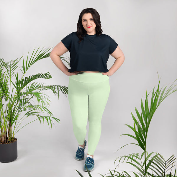 Light Green Pastel Solid Color Print Plus Size Leggings Women's Yoga Pants- Made in USA/EU-Women's Plus Size Leggings-Heidi Kimura Art LLC