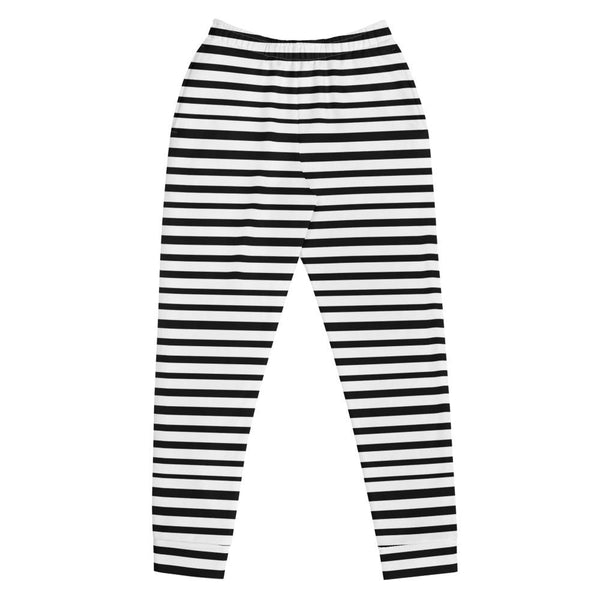 Black White Horizontal Stripe Print Casual Women's Joggers Sweatpants- Made in USA/EU-Women's Joggers-XS-Heidi Kimura Art LLC