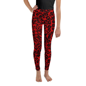 Red Leopard Animal Print Premium Youth Gym Cute Comfy Leggings - Made in USA/EU-Youth's Leggings-8-Heidi Kimura Art LLC