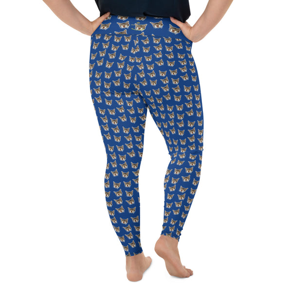 Dark Blue Cat Print Plus Size Leggings, Women's Plus Size Yoga Pants-Made in USA/EU-Women's Plus Size Leggings-Heidi Kimura Art LLC