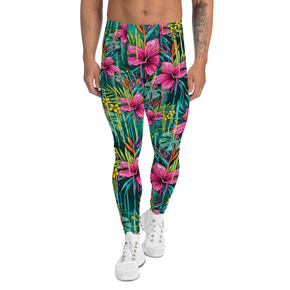Pink Tropical Men's Leggings, Floral Print Compression Men