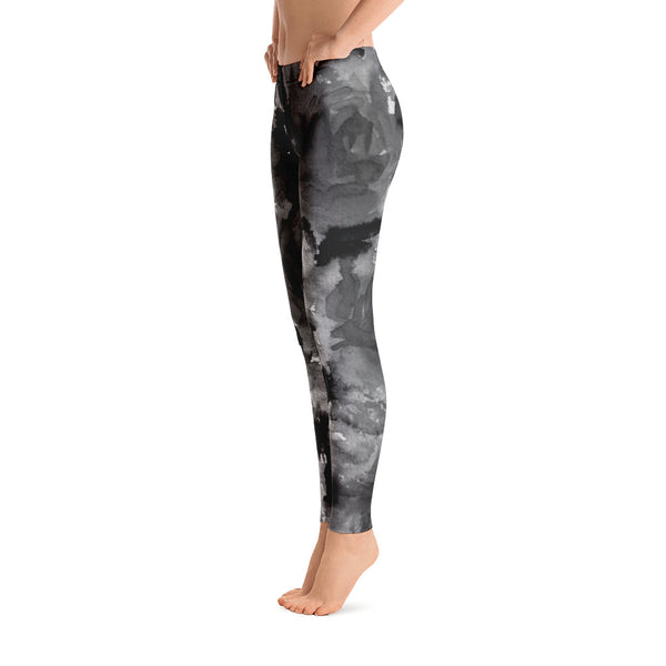 Gray Rose Floral Print Women's Long Casual Leggings/ Running Tights - Made in USA-Casual Leggings-Heidi Kimura Art LLC