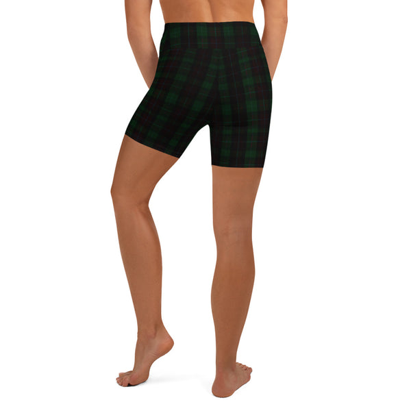 Dark Green Plaid Yoga Shorts- Made in USA/EU-Heidi Kimura Art LLC-Heidi Kimura Art LLC Dark Green Plaid Yoga Shorts, Tartan Print Premium Quality Women's High Waist Spandex Fitness Workout Yoga Shorts, Yoga Tights, Fashion Gym Quick Drying Short Pants With Pockets - Made in USA/EU (US Size: XS-XL)