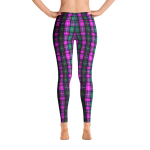 Pink Plaid Polyester Spandex Elastic Women's Casual Leggings - Made in USA-Casual Leggings-XS-Heidi Kimura Art LLC