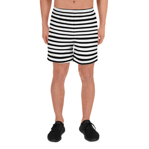 Modern Black White Horizontal Stripe Print Men's Athletic Best Long Shorts- Made in EU-Men's Long Shorts-XS-Heidi Kimura Art LLC