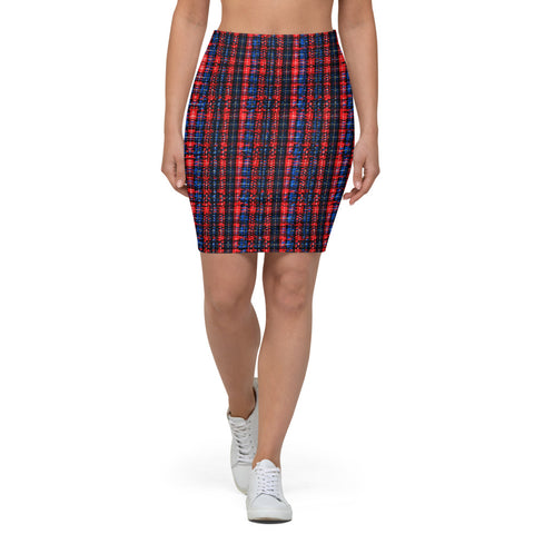 Red Plaid Print Pencil Skirt-Heidikimurart Limited -XS-Heidi Kimura Art LLC