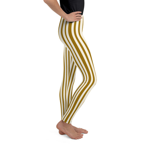 Classic Light Yellow Brown Vertical Stripe Print Premium Youth Leggings-Made in USA/EU-Youth's Leggings-Heidi Kimura Art LLC