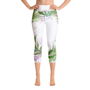 Lavender Yoga Capri Leggings, Purple Floral Print Designer Yoga Pants -  Made in USA/EU