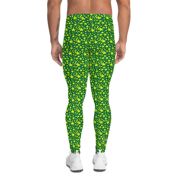 Green Yellow Stars Meggings, Designer Starry Night Men's Leggings-Heidi Kimura Art LLC-Heidi Kimura Art LLC