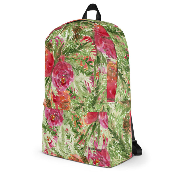 Orange Red Rose Watercolor Floral Print Medium Size (Fits 15" Laptop) Backpack Bag-Backpack-Heidi Kimura Art LLC