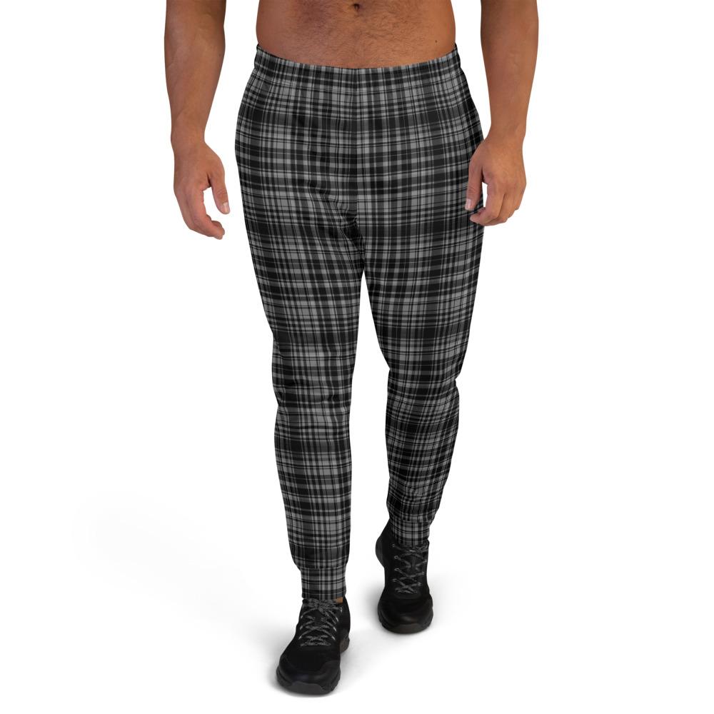 Black Tartan Plaid Print Designer Premium Men's Joggers Jogger Pants- Made in EU-Men's Joggers-XS-Heidi Kimura Art LLC