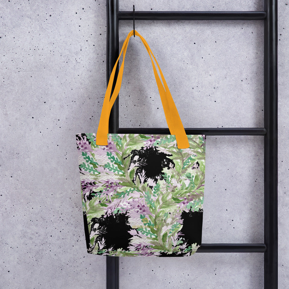 Black Lavender Floral Tote Bag, Floral Print Women's Designer Tote Bag-  Made in USA/EU