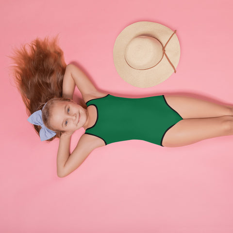 Green Solid Color Print Kids Girl's Premium Swimsuit Swimwear- Made in USA-Kid's Swimsuit (Girls)-2T-Heidi Kimura Art LLC