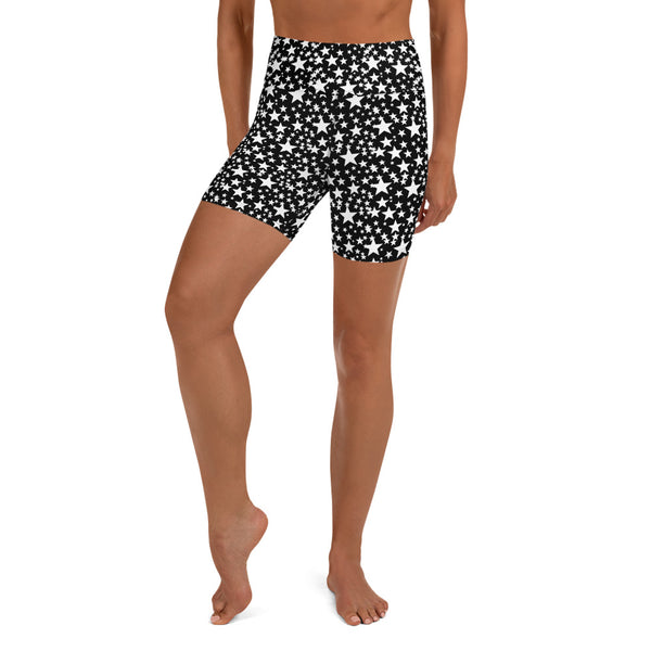 Black White Star Print Pattern Designer Fitness Workout Yoga Shorts- Made in USA/EU-Yoga Shorts-Heidi Kimura Art LLC Black Star Yoga Shorts, Black White Star Print Pattern Premium Quality Women's High Waist Spandex Fitness Workout Yoga Shorts, Yoga Tights, Fashion Gym Quick Drying Short Pants With Pockets - Made in USA (US Size: XS-XL)