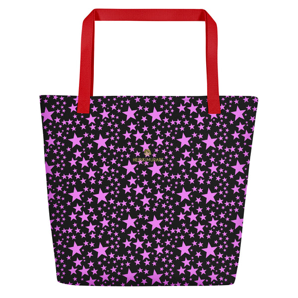 Black Pink Star Pattern Print Designer Large 16"x20" Beach Shopping Bag- Made in USA/EU-Beach Tote Bag-Red-Heidi Kimura Art LLC