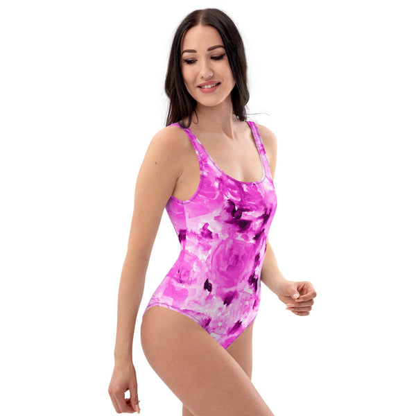 Pink Floral One-Piece Swimsuit, Roses Floral Print Women's Swimwear-Made in USA/EU-Heidi Kimura Art LLC-Heidi Kimura Art LLC Pink Floral One-Piece Swimsuit, Roses Flower Print Best Luxury 1-Piece Unpadded Swimwear Bathing Suits, Beach Wear - Made in USA/EU/MX (US Size: XS-3XL) Plus Size Available