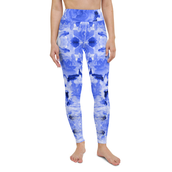 Blue Rose Yoga Leggings, Floral Print Women's Long Tights-Made in USA/EU-Heidi Kimura Art LLC-Heidi Kimura Art LLC