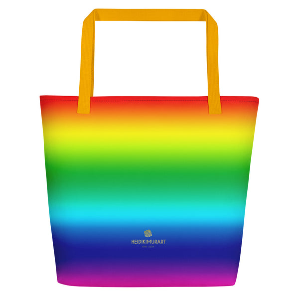 Bright Rainbow Ombre Beach Tote Bag, Large 16"x20" Beach Gay Pride Bag- Made in USA/EU-Beach Tote Bag-Yellow-Heidi Kimura Art LLC